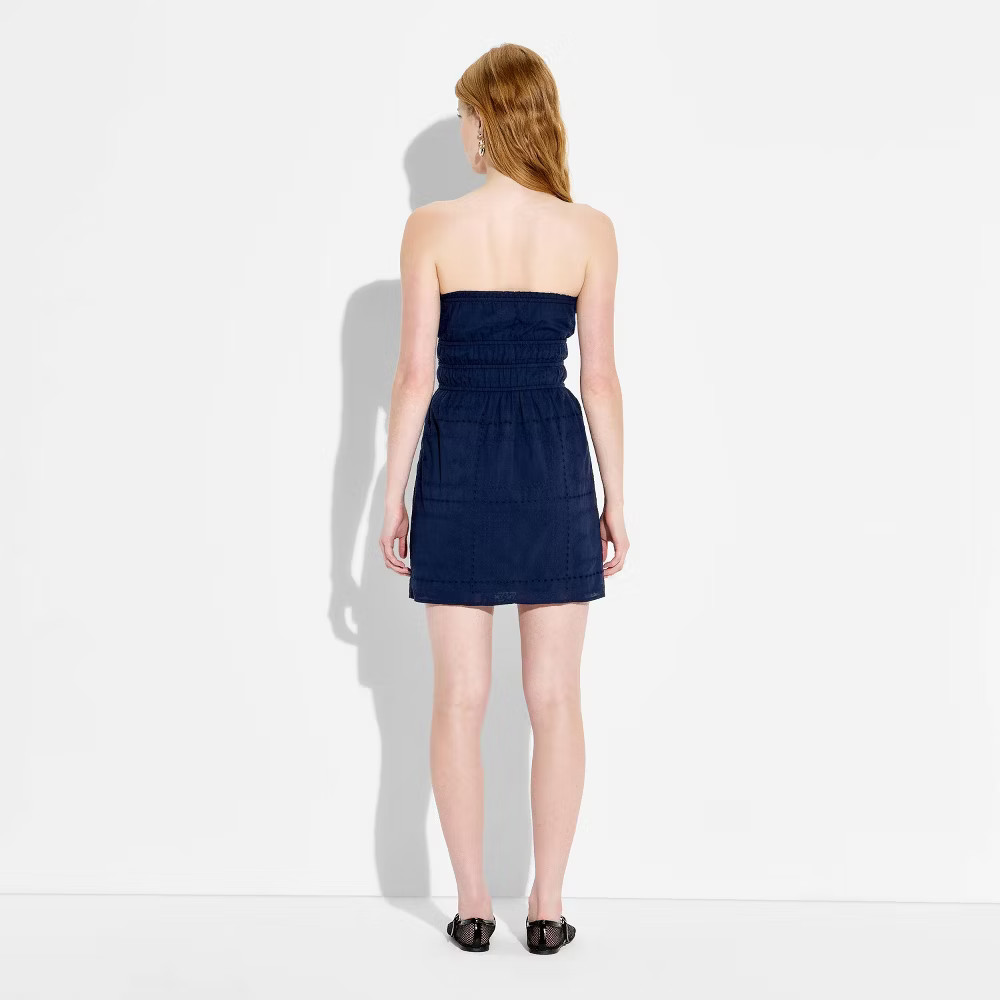Women Mini Eyelet Tie-Front Tube Empire Waist Dress – Wild Fable Navy