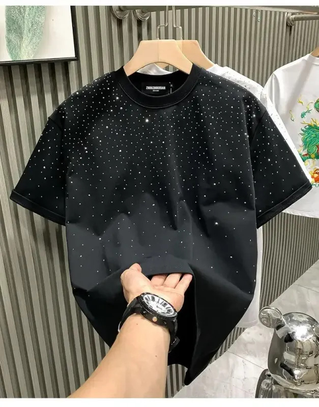 Summer Rhinestone Rivet T-shirt for Men Clothing Round Neck Casual T-shirt