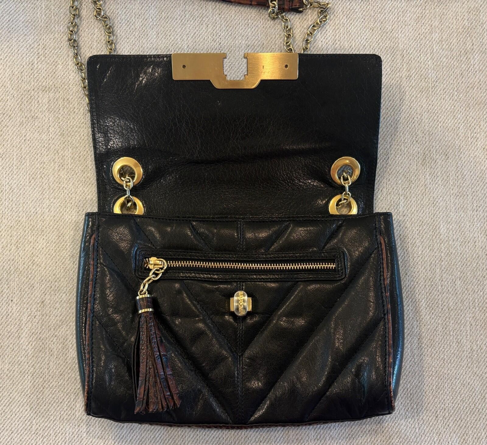 Brahmin Harrison Mixed-Media Shoulder Bag – Pecan Melbourne Croc-Embossed Leathe