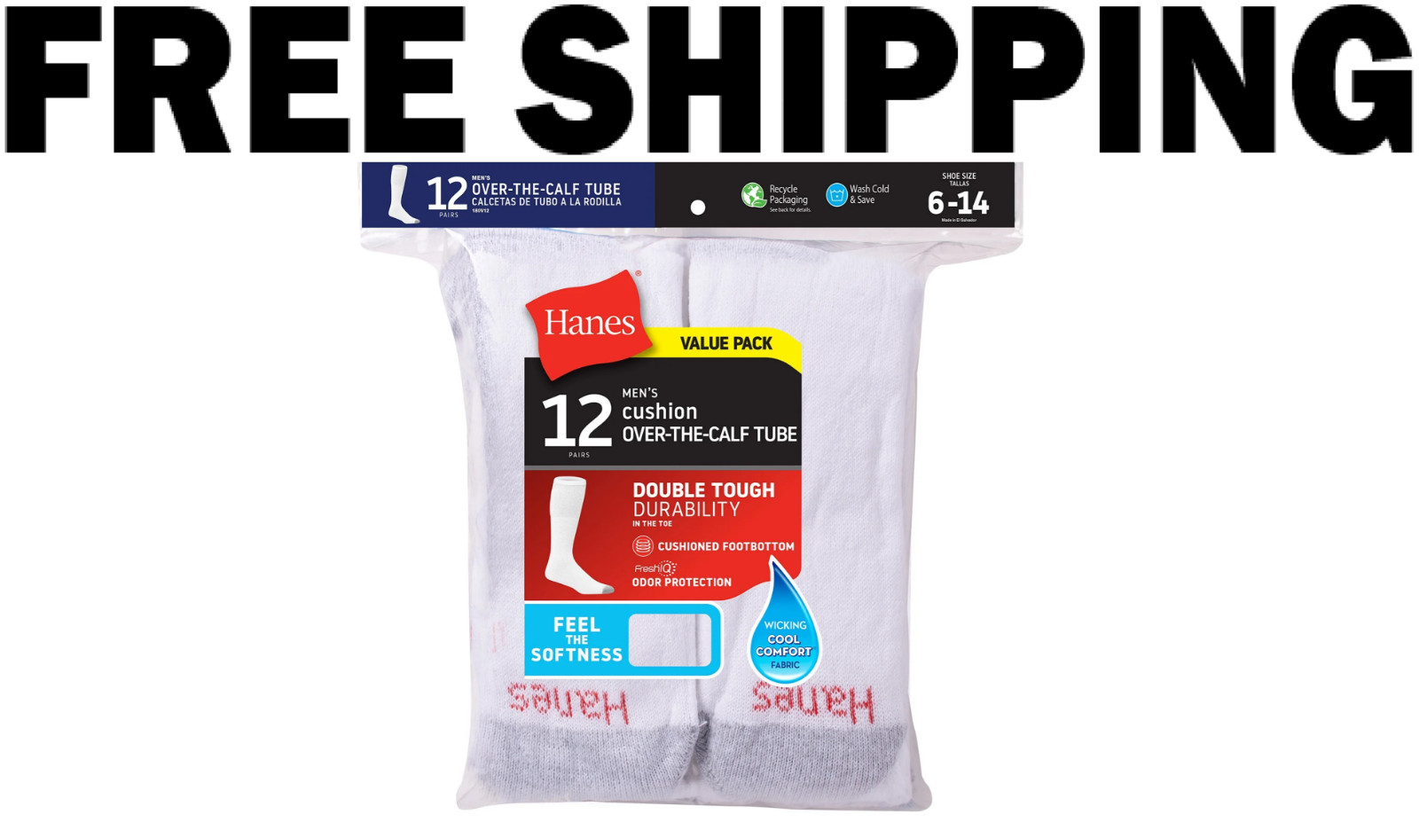 Hanes Men’s Double Tough Durability Over-the-Calf Tube Socks, 12-Pack New