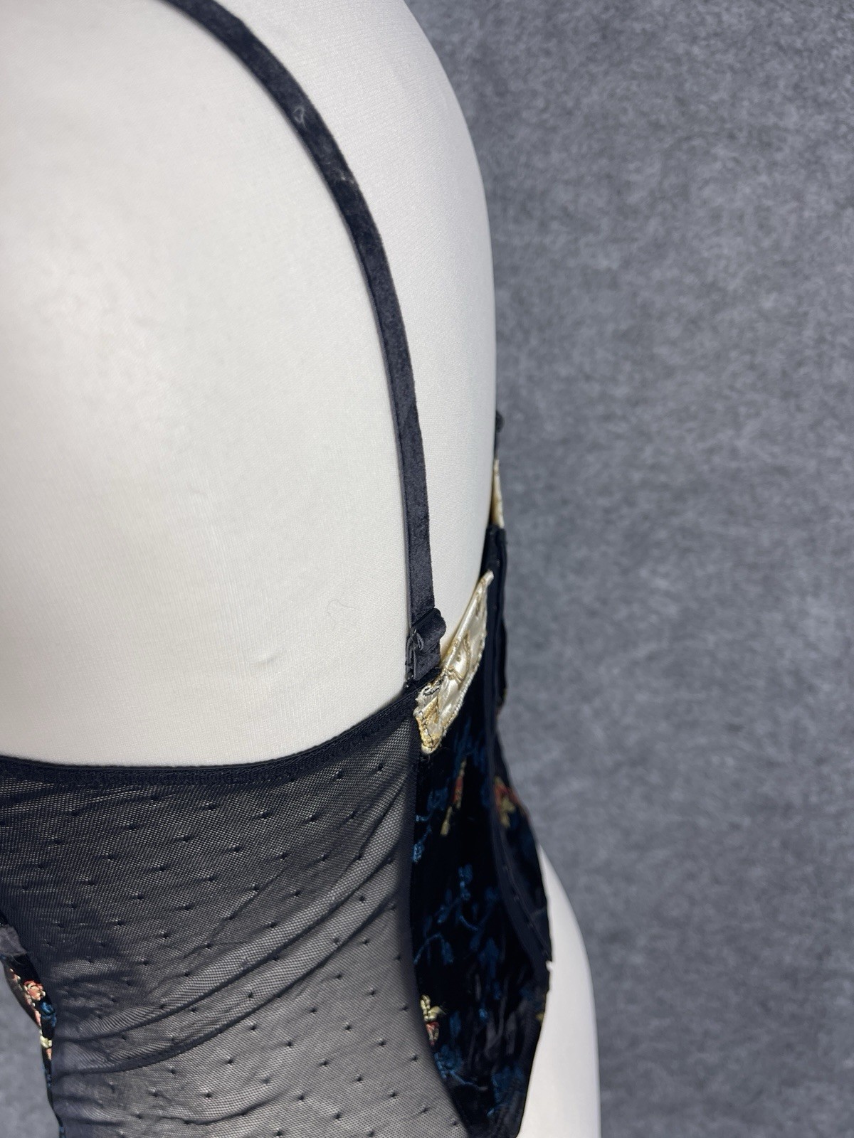 Oriental Floral Embroidered Corset Top UK 14 Black Gold Party Going Out Y2K