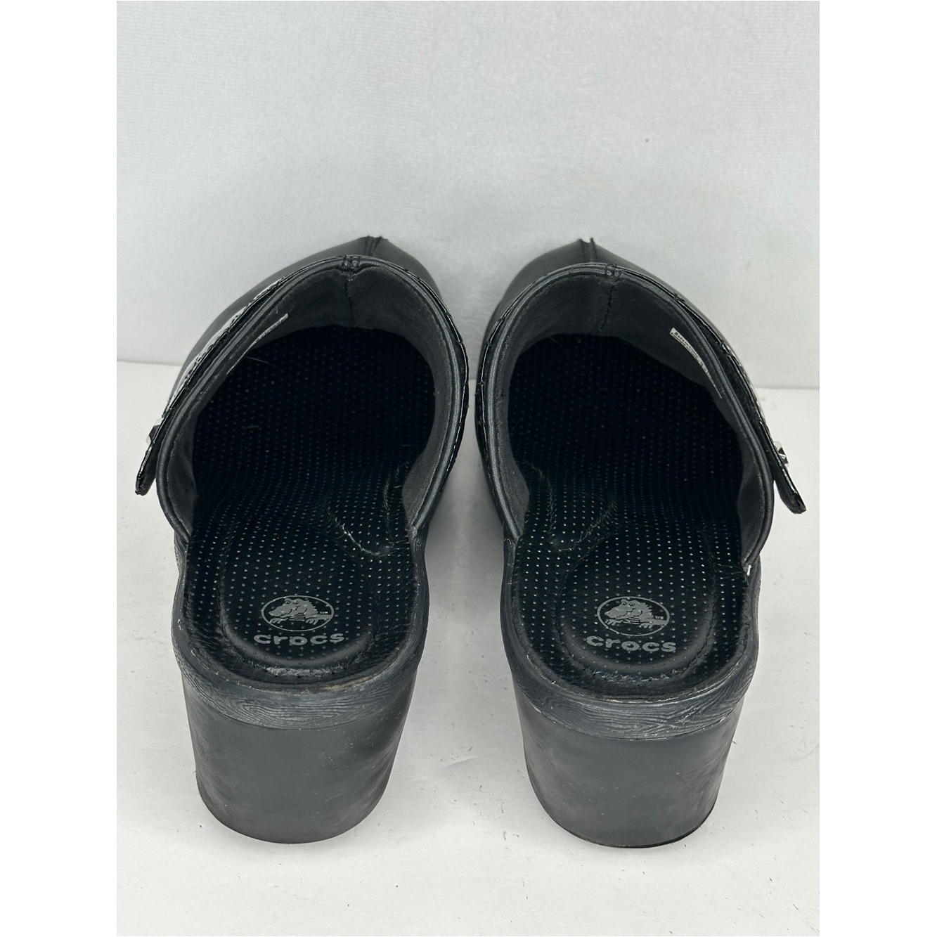 Crocs Cobbler Black Leather Quilted Patent Strap Clog Mules Y2K Sz 9