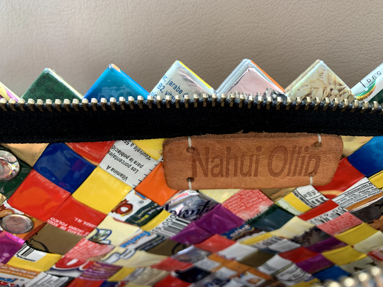 Nahui Ollin Large Purse with Strap Recycled Cookie Wrappers Unique One-of-a-Kind