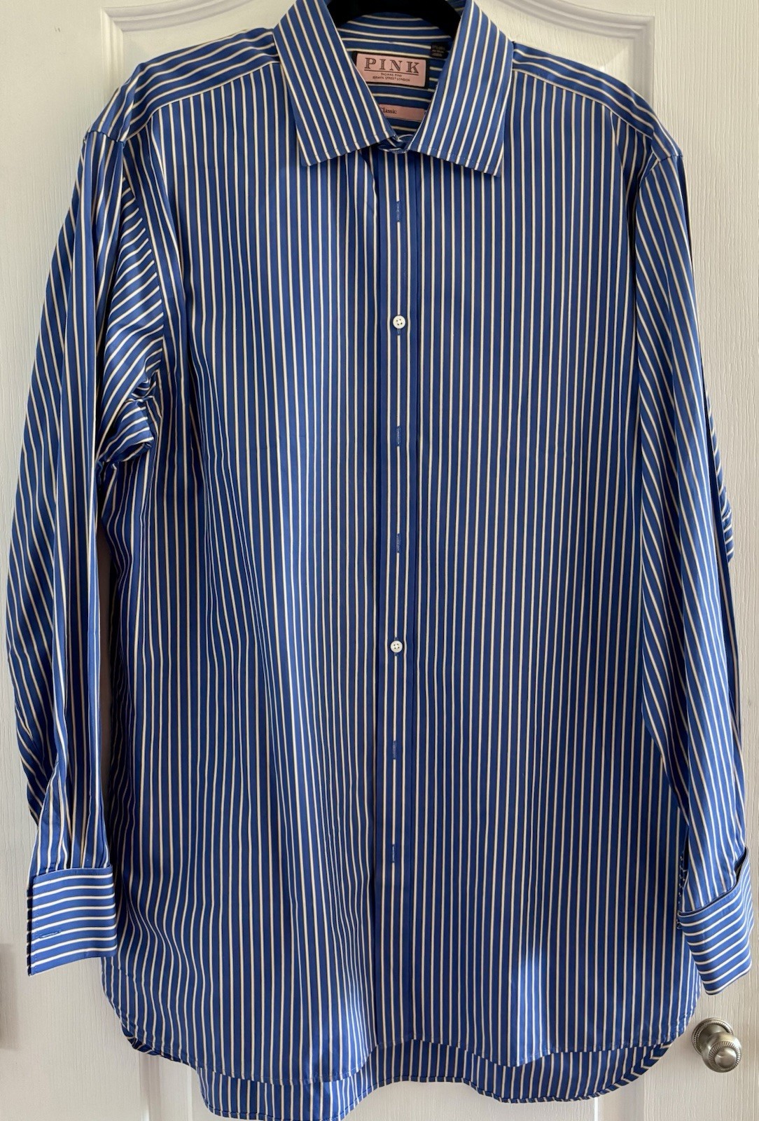 Lot Of 2 Thomas Pink Button Down 17 1/2-35 1/2 French Cuff Shirts 1 Pink 1 Blue