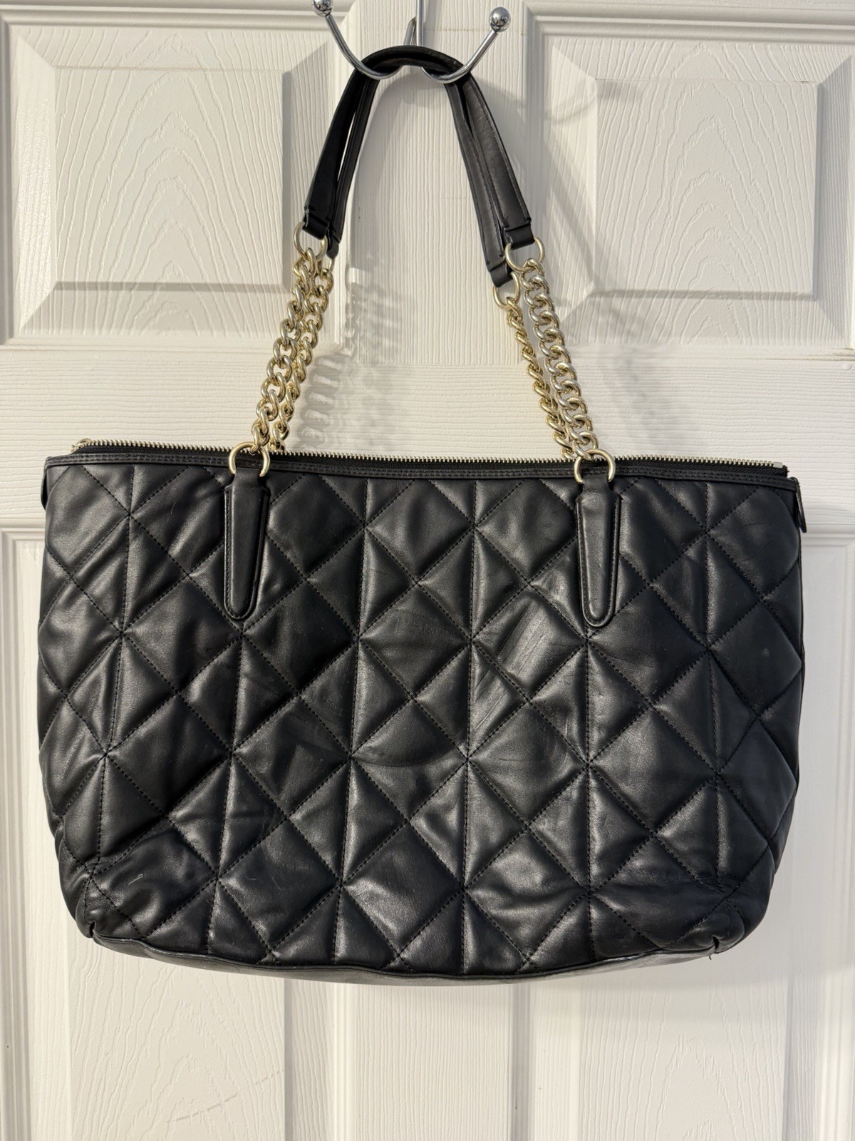 Coach Ava Chain Tote Bag Quilted Leather Black Gold Logo Chic Quiet Luxury