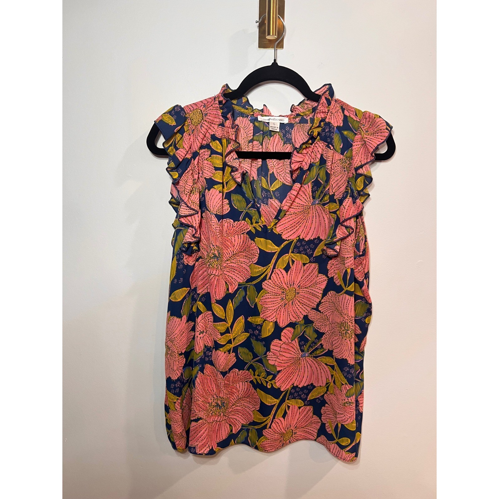 Tropical Floral Coquette Ruffle V-Neck Pink Cap Sleeve Flutter Top- Large