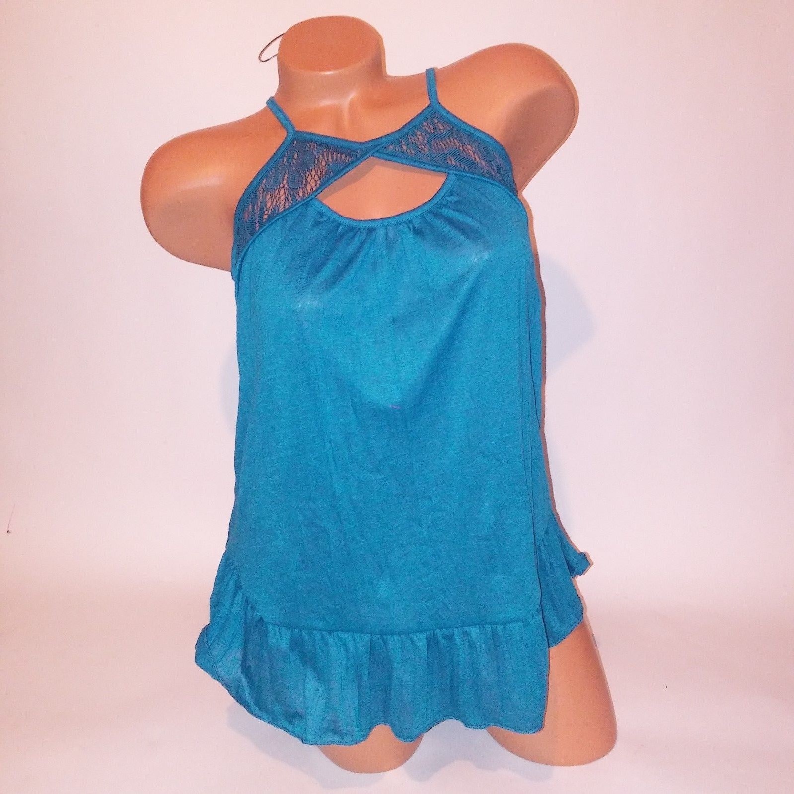 No Boundaries Tank Top Teal Solid Lace High Neck Keyhole Sleeveless