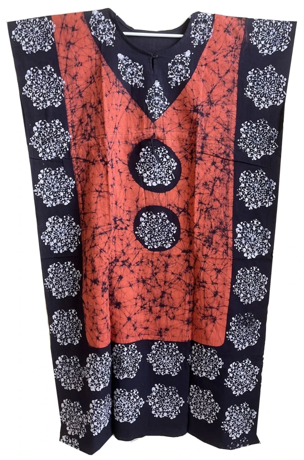 Women’s Cotton Batik Caftan – Rust Black Floral Boho Sleepwear