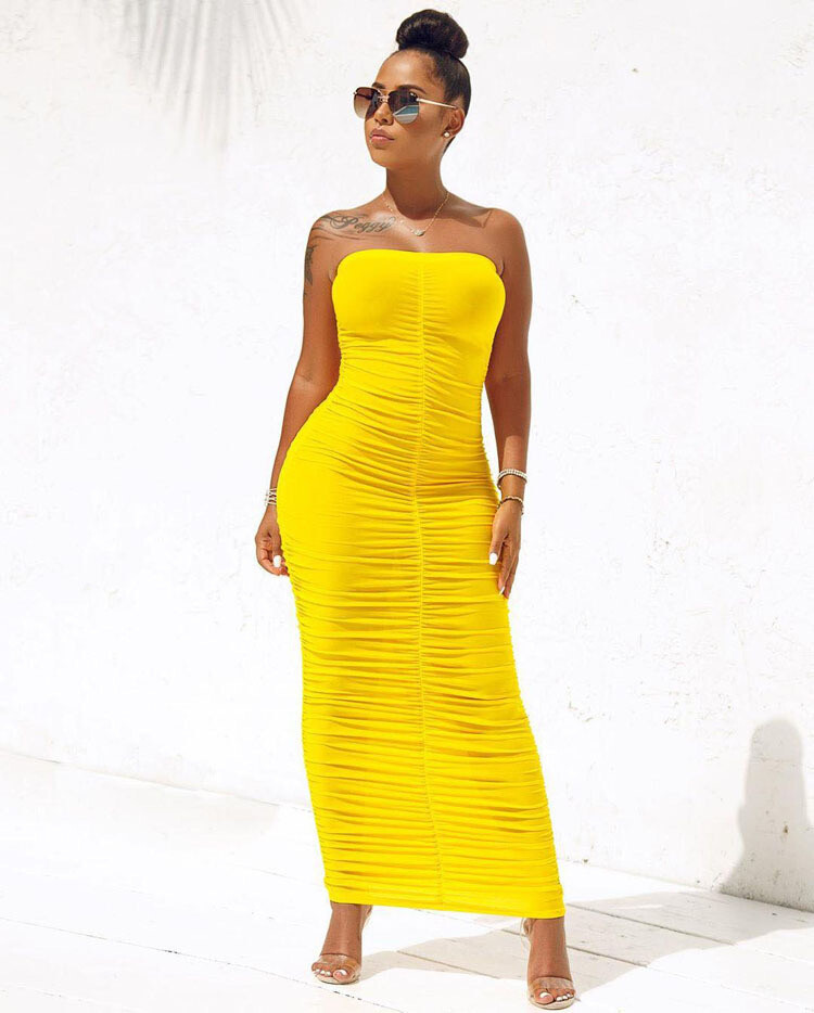 Women’s Sexy Ruched Tight Strapless Sleeveless Bodycon Tube Maxi Long Club Dress