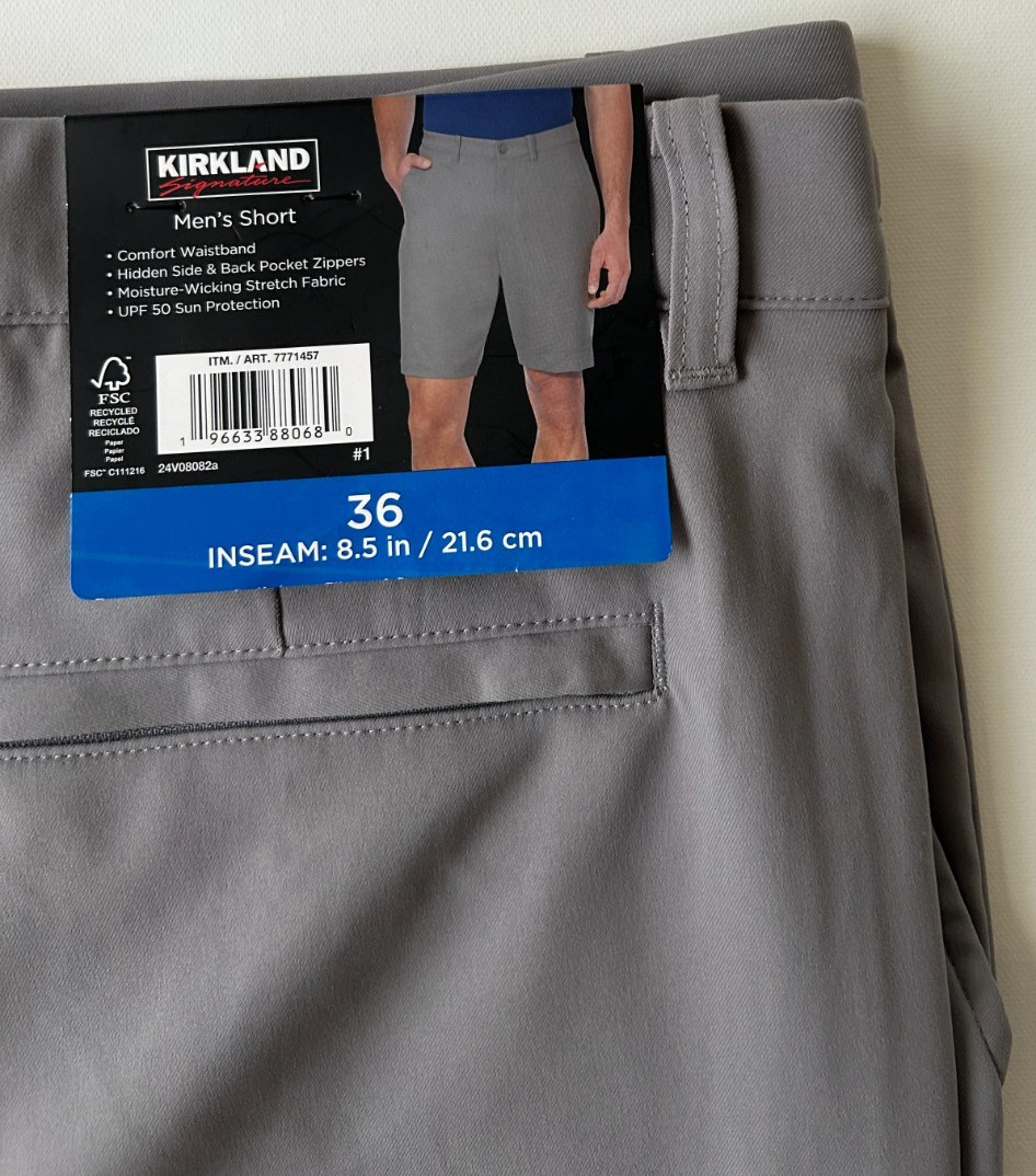 Kirkland Men’s Signature Performance Shorts UV Protection Gray Size 36