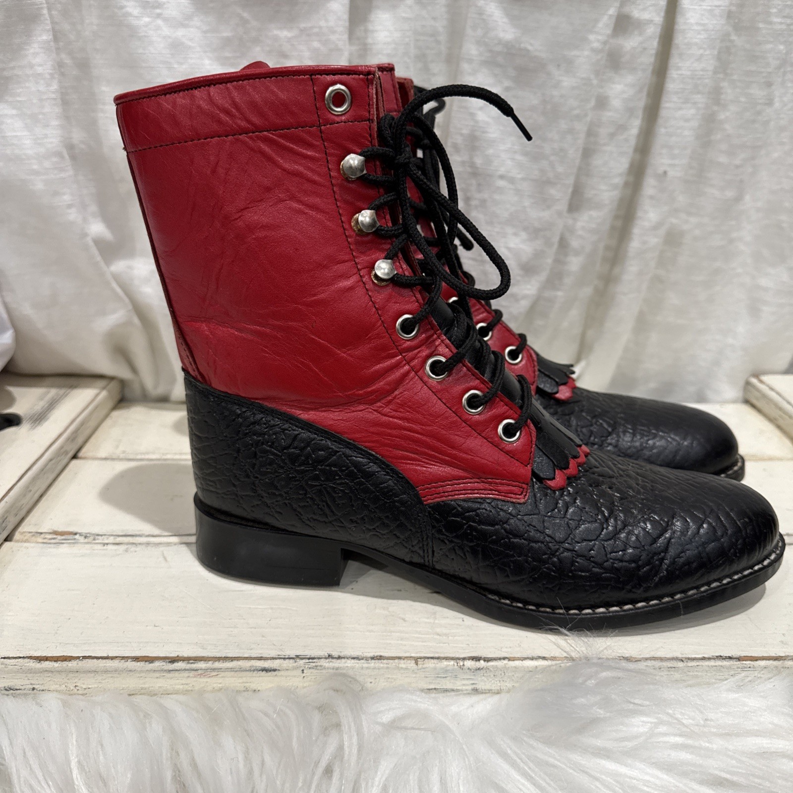 Red black Leather Boots Cowgirl Womens Sz 7B Granny Grunge Gothic Punk saloon