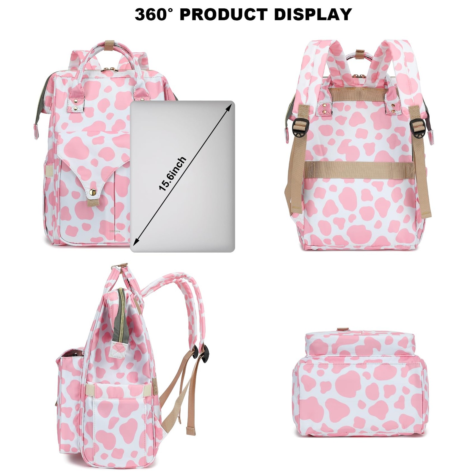 Pink Cow Print Large Travel College Laptop Backpack Bookbag Fits 15.6 Inch