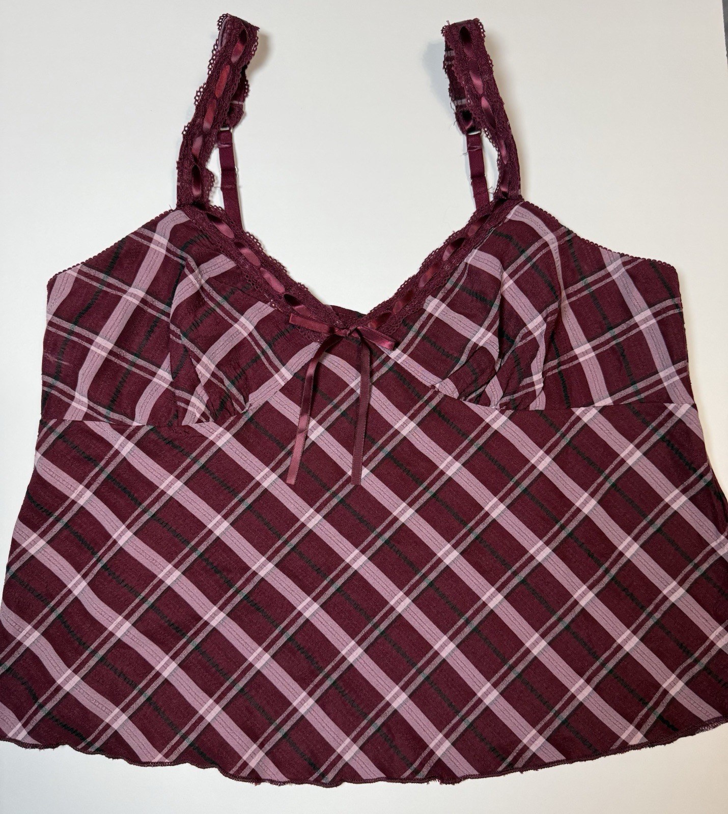 Women’s Plaid Burgundy Pink Top Size L Adjustable Strap V-Neck Camisole Shirt
