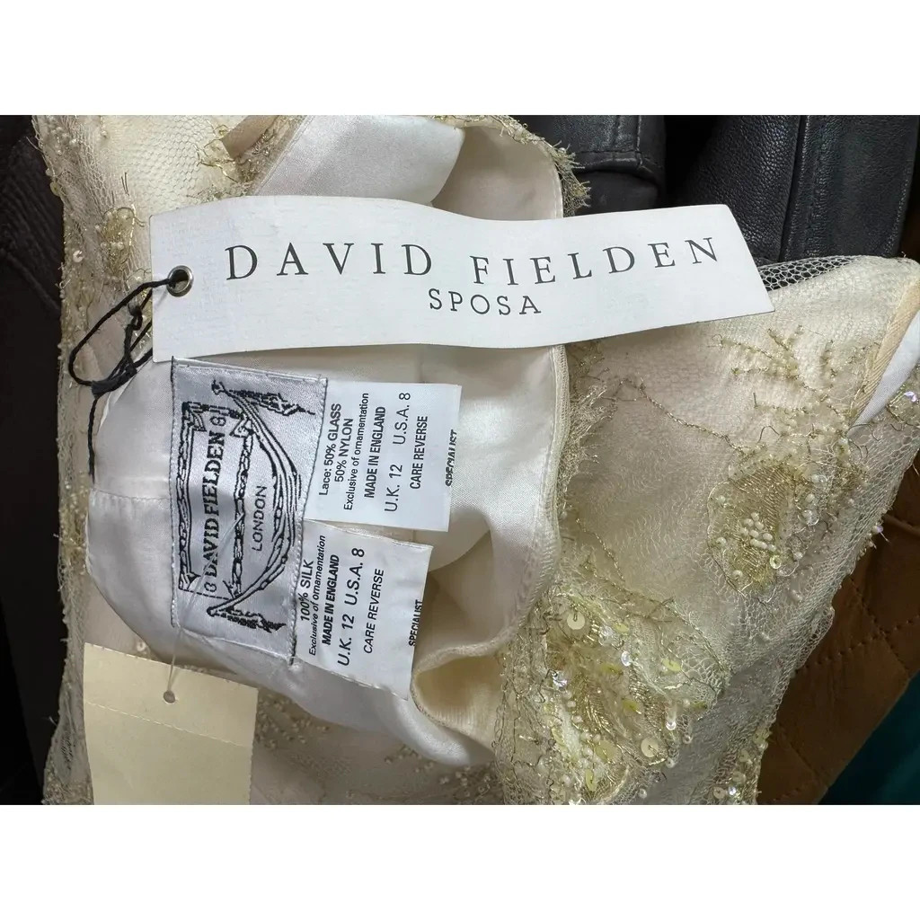 David Fielden Bride Silk Evening Gown Beaded Lace Gold, retail price €3600
