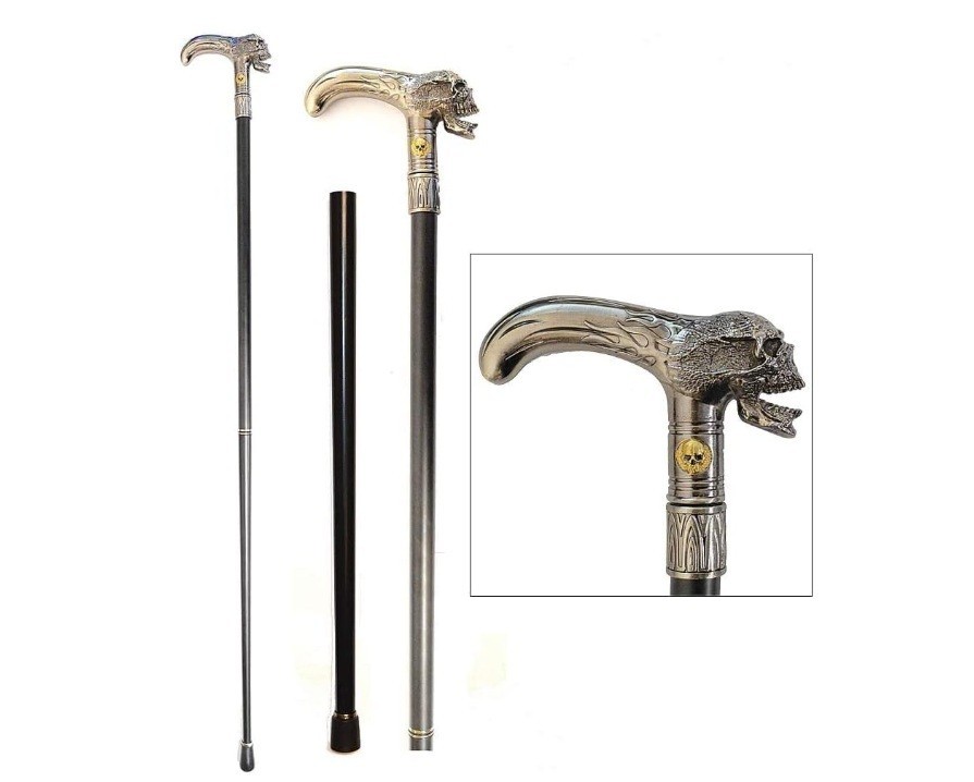 Skull Head Walking Cane 36″ 2-Piece Shaft Gothic Skeleton Flame Handle