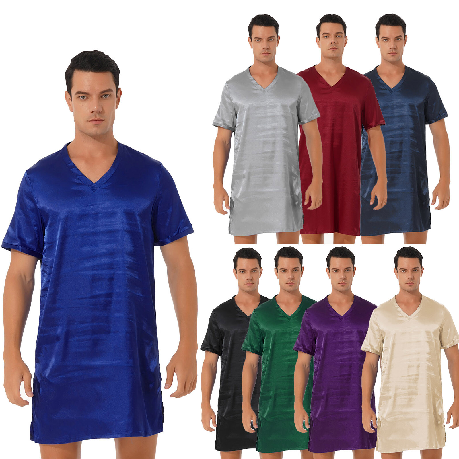 US Men’s V Neck Nightshirt Satin Frilly Nightwear Loose Pajamas Sleep T-Shirt