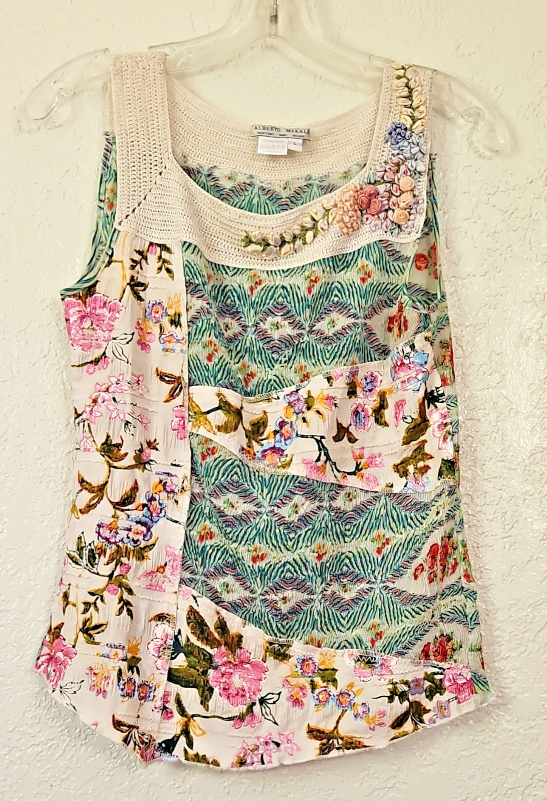 Alberto Makali SzM L Pleated Sleeveless Top Hand-painted Crochet Appliqués Artsy