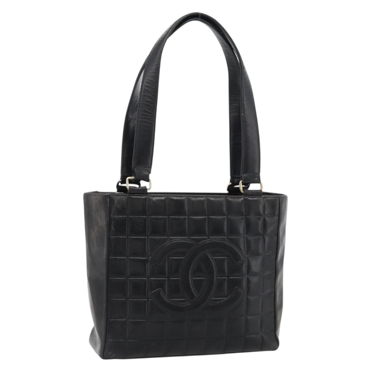 CHANEL Choco Bar Hand Bag Leather Black Gold CC Auth bs35341