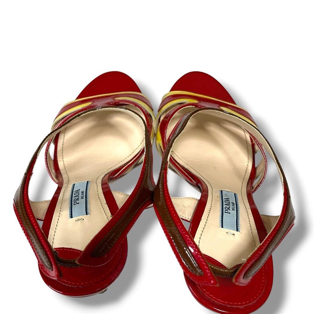 PRADA Patent Leather Heeled Sandals 22.5cm Red Yellow Italy