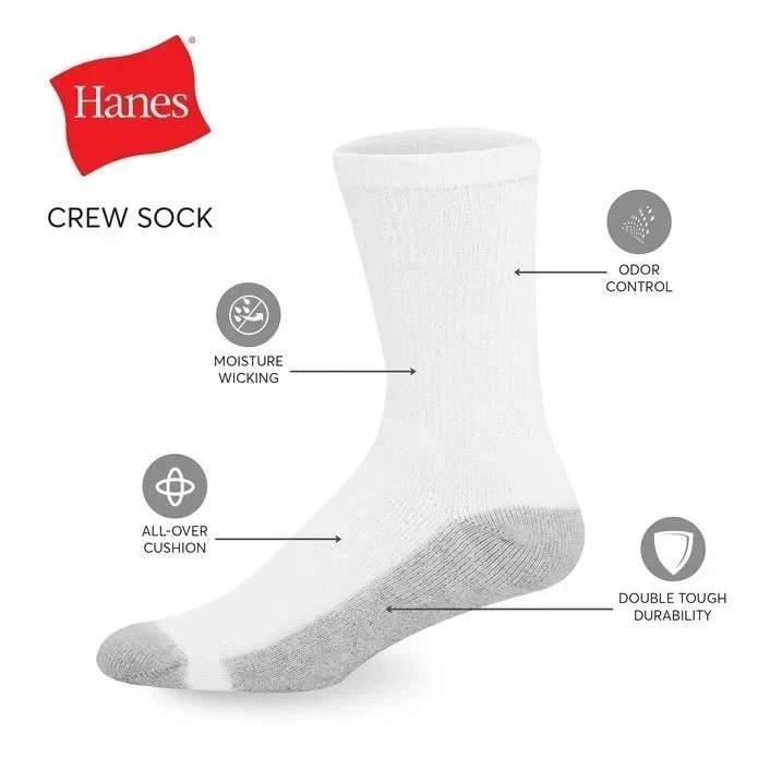 Hanes Men’S Double Tough Crew Socks, 12-Pair Pack size 6-12 shoe size