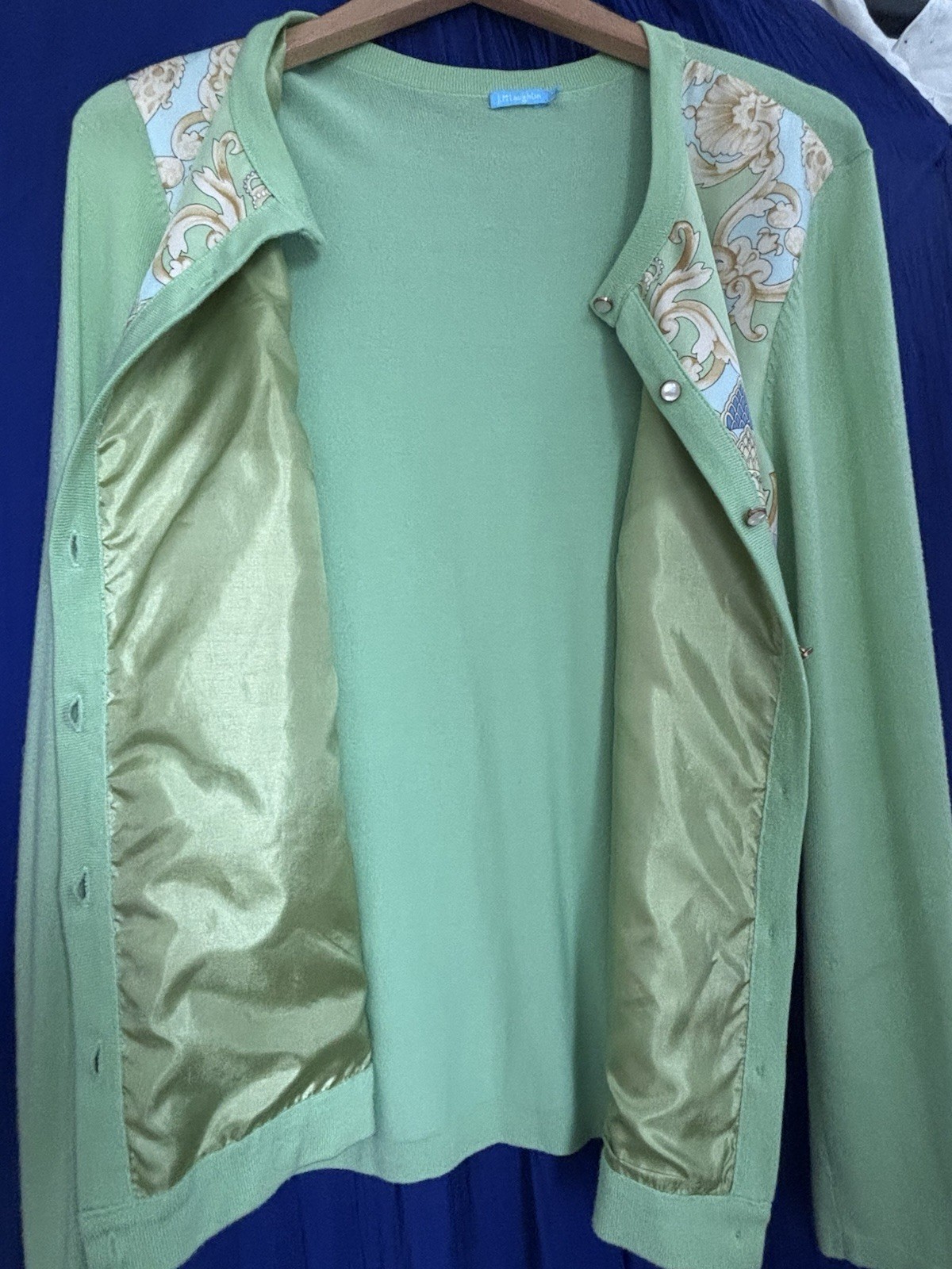 J. McLaughlin Mint Green Silk Front Scarf Print Cardigan L/S Sweater Buttons M