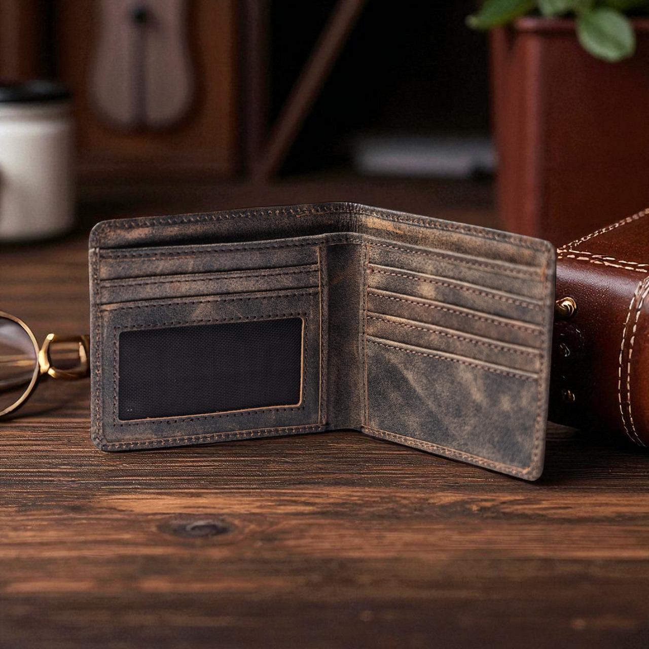 Genuine Slim Antique Leather Wallet For Mens Minimalist Bifold RFID Blocking