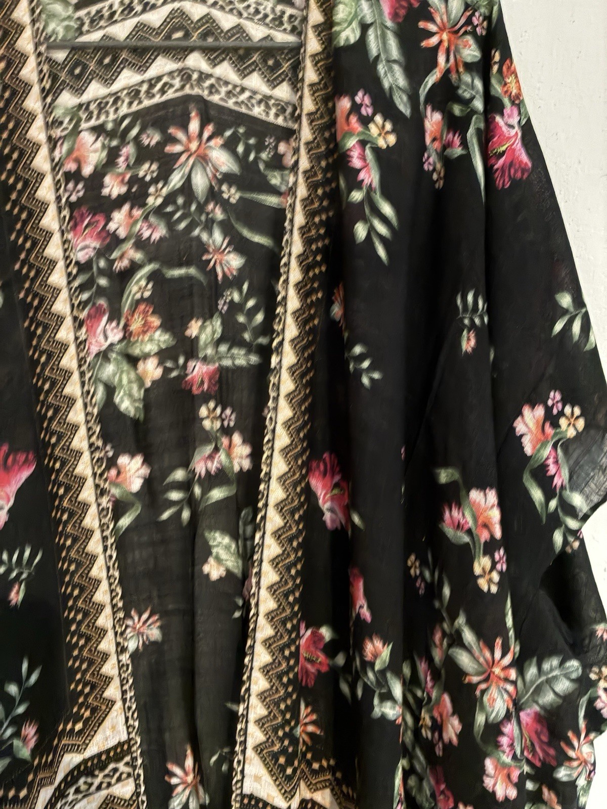 Black Floral Boho Hippie Vintage Kimono Fringe Tassel Cardigan Duster Reg PLUS