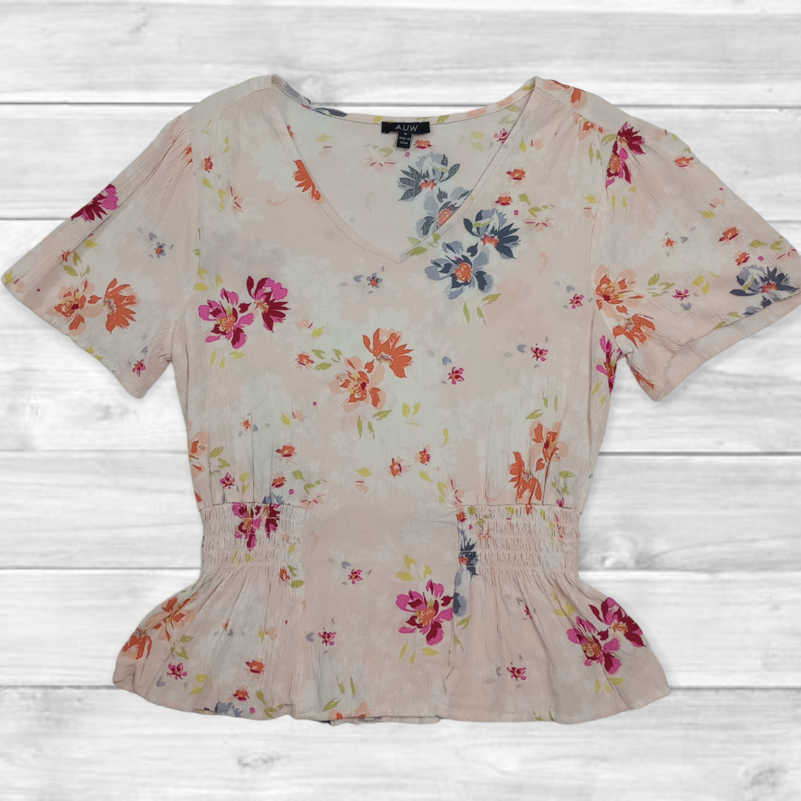 AUW Women’s Colorful Floral Short Sleeve Peplum Blouse Size M