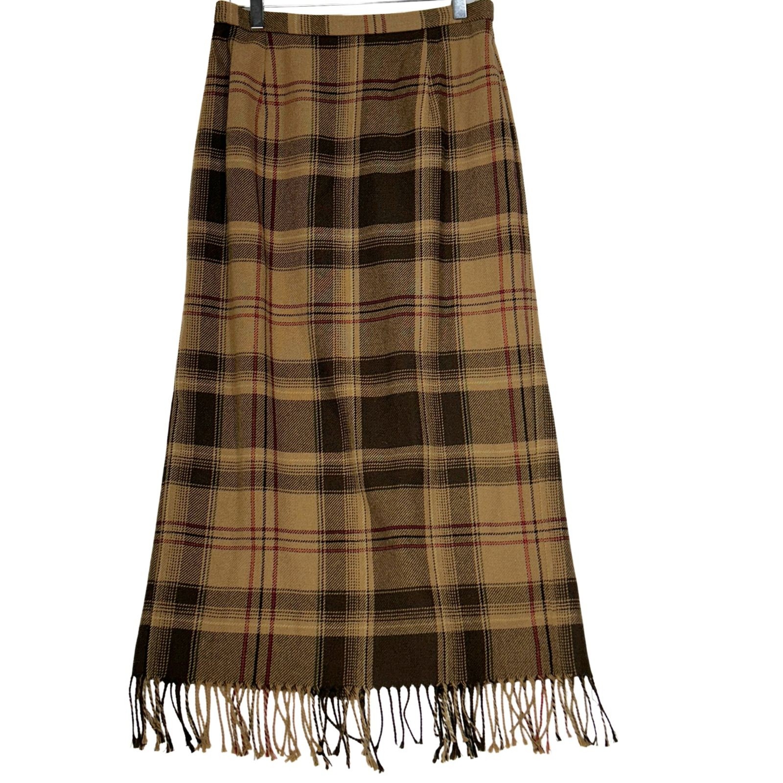 Requirements Plaid Fringe Skirt Womens 10 Brown Wool Blend Academia