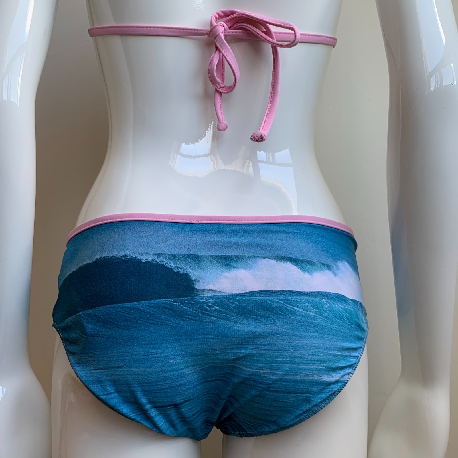 Aaron Chang blue & pink stripe wave reversible scenic photo print bikini