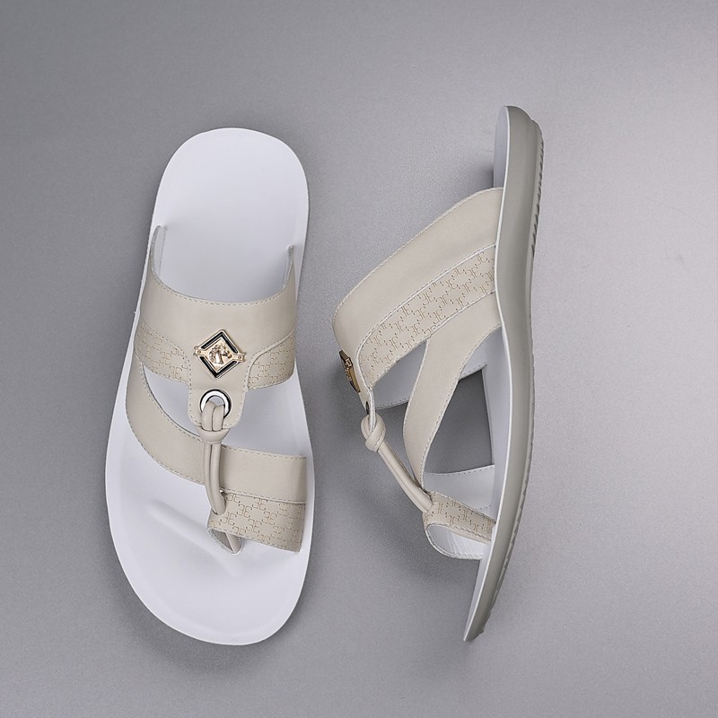 Men’s Metal Decor Thong Slide Sandals, Embossed PU Leather, Comfort Rubber Sole