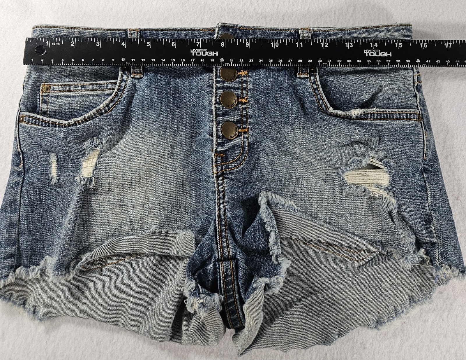 Billabong Distressed Denim Shorts Size 28 Button Fly Cut Off Frayed Hem Blue