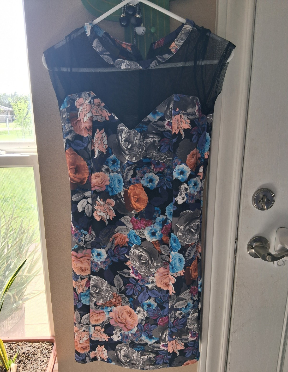 Bongo Floral Sheath Dress M Midi Multicolor Sheer Mesh Yoke Sweetheart Zip