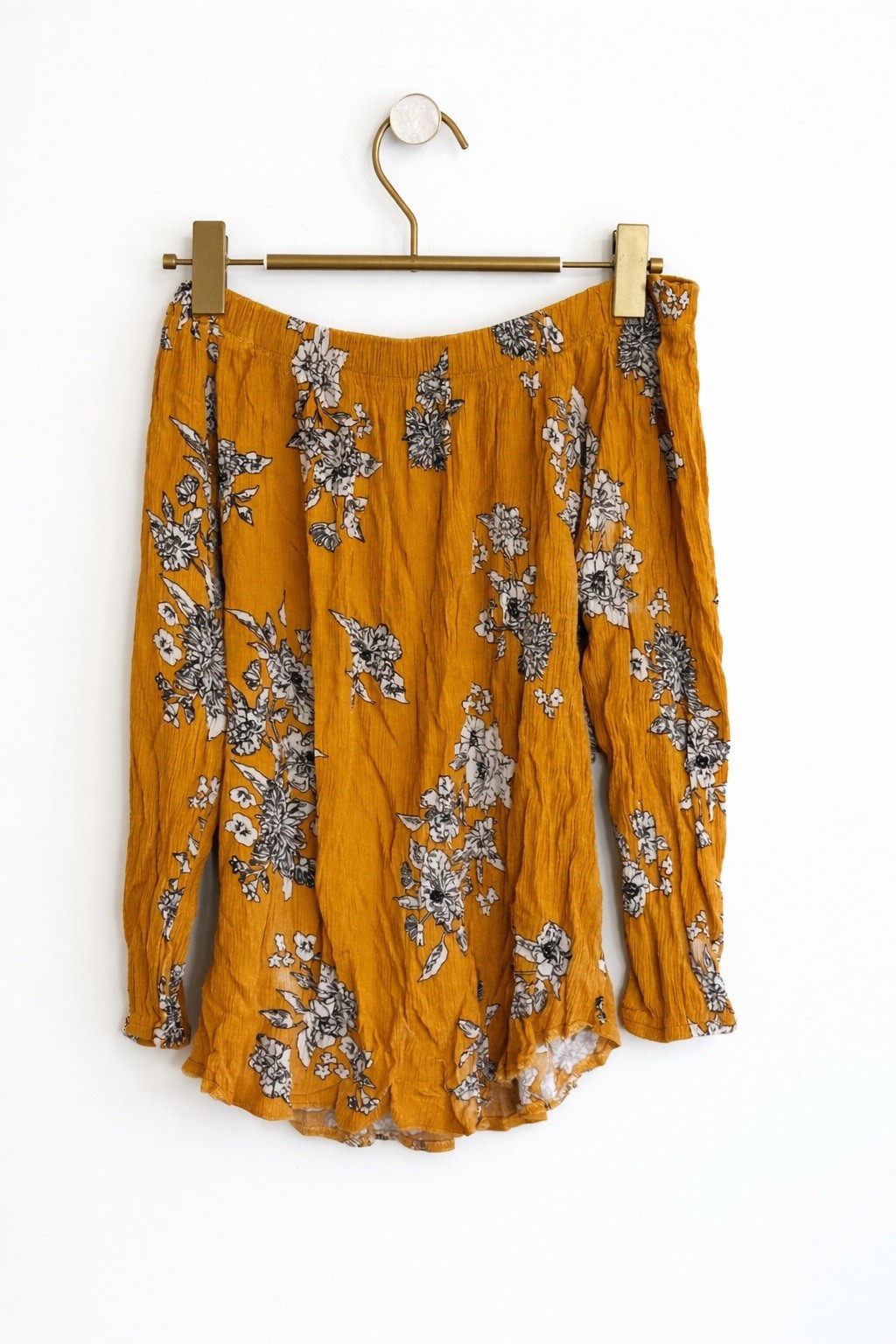 UK 14 Select Mustard And White Floral Print Crinkle Off The Shoulder Summer Top
