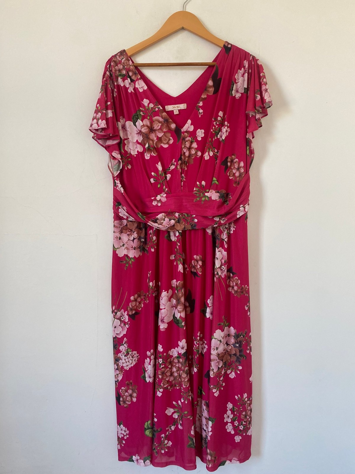 Jolie Moi Dress Size 18 Pink Floral V Neck Midi Pink Jersey Stretch Occasion
