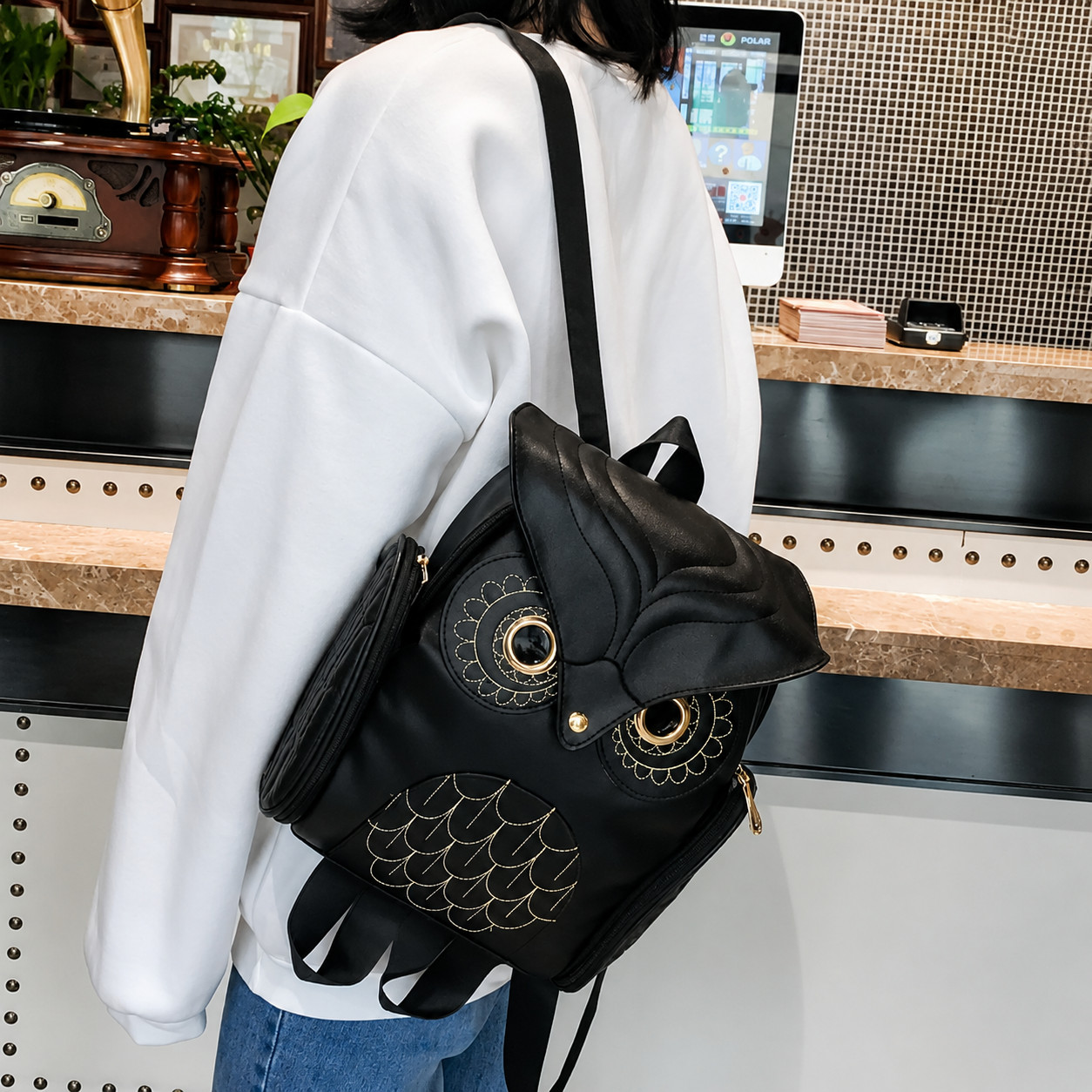 Womens Owl Backpack Black PU Leather Mini Backpack Cute School Travel Bag