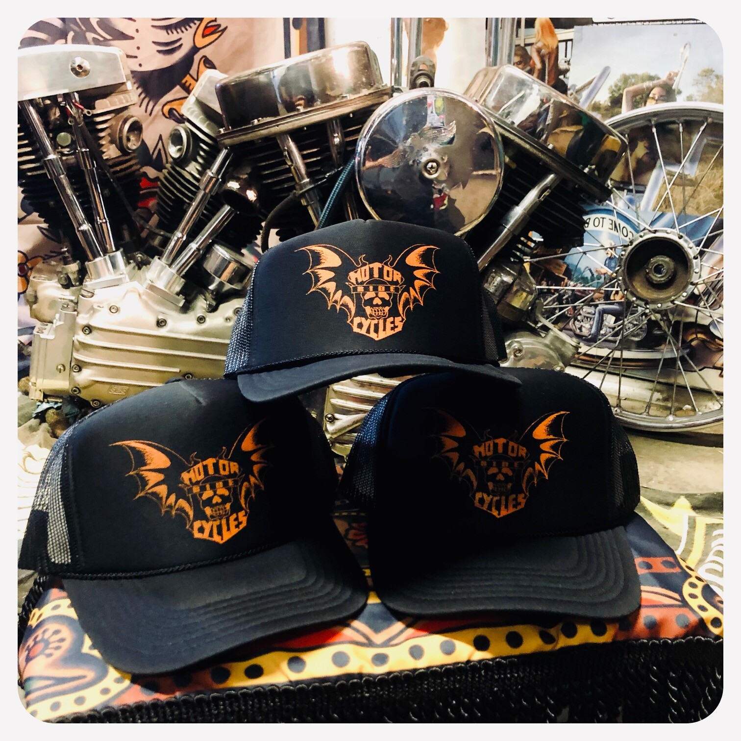 RIDE MOTORCYCLES TRUCKER HAT triumph honda yamaha harley engine frame wheel seat