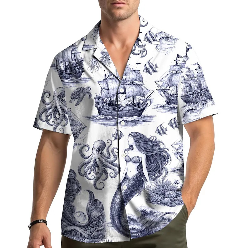 Mermaid Octopus Vintage Nautical Hawaiian Shirt Mens Womens