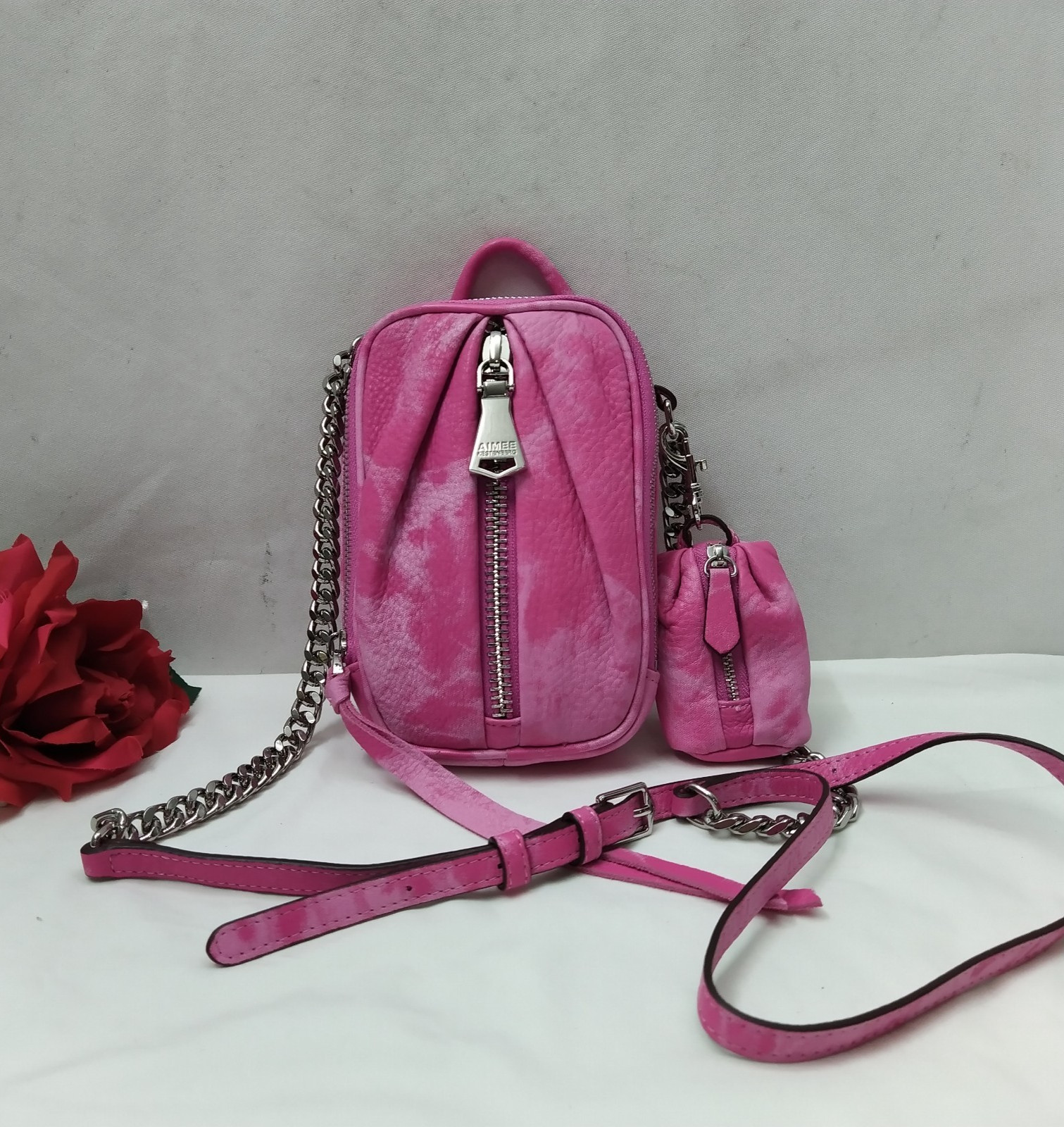 Aimee Kestenberg Pink Leather Zipper Chain Strap Crossbody Bag W/ Coin Wallet