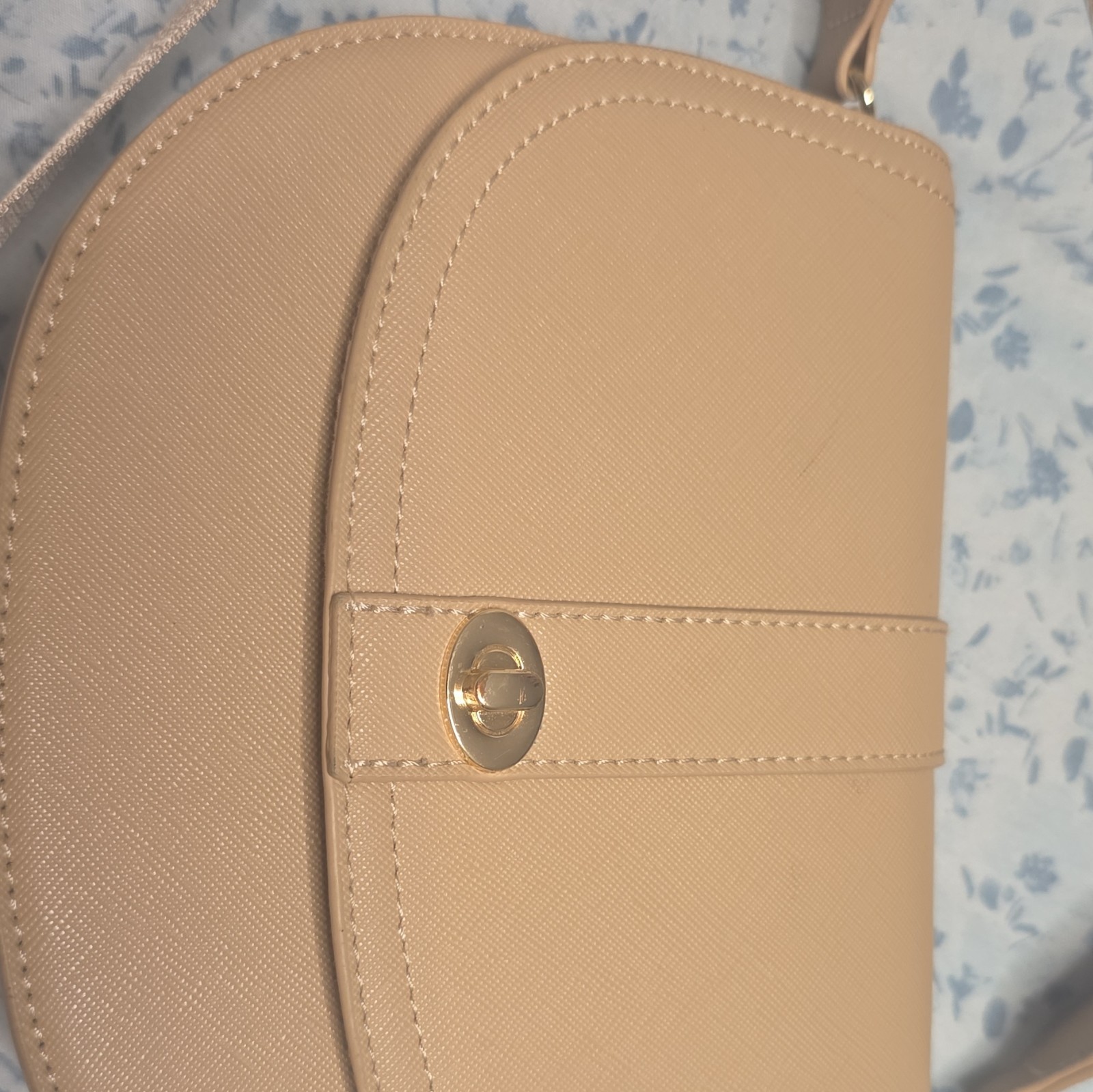 Beige Textured Half Moon Small Crossbody Bag, Gold Hardware, Turn Lock, Magnetic