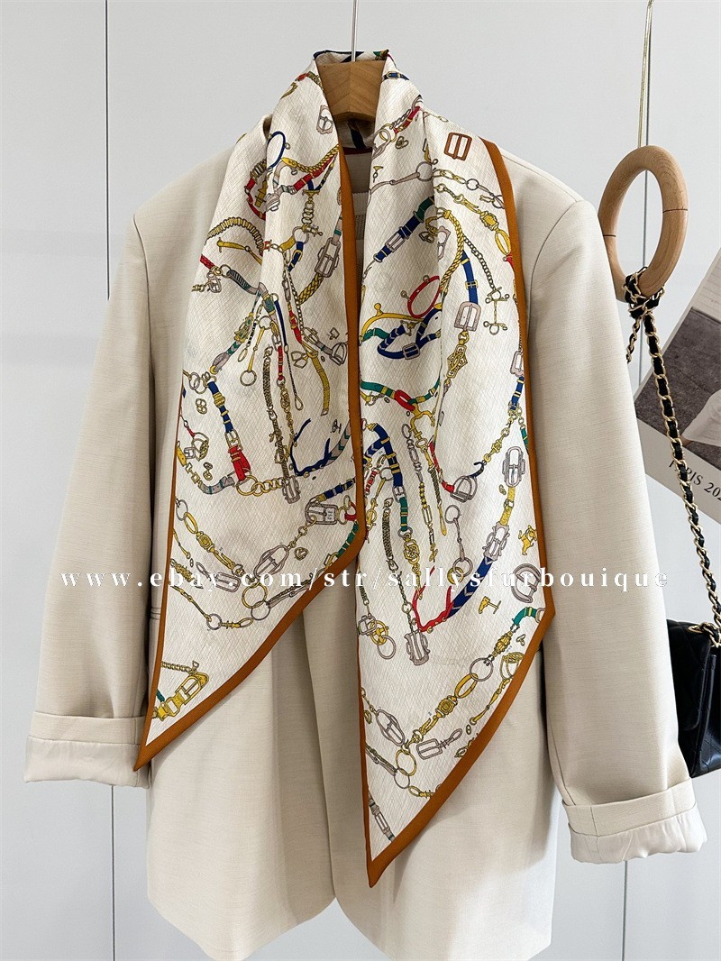 Boutique 16 Momme Twill Silk Large Ribbon Chains Print Neck Long Scarf