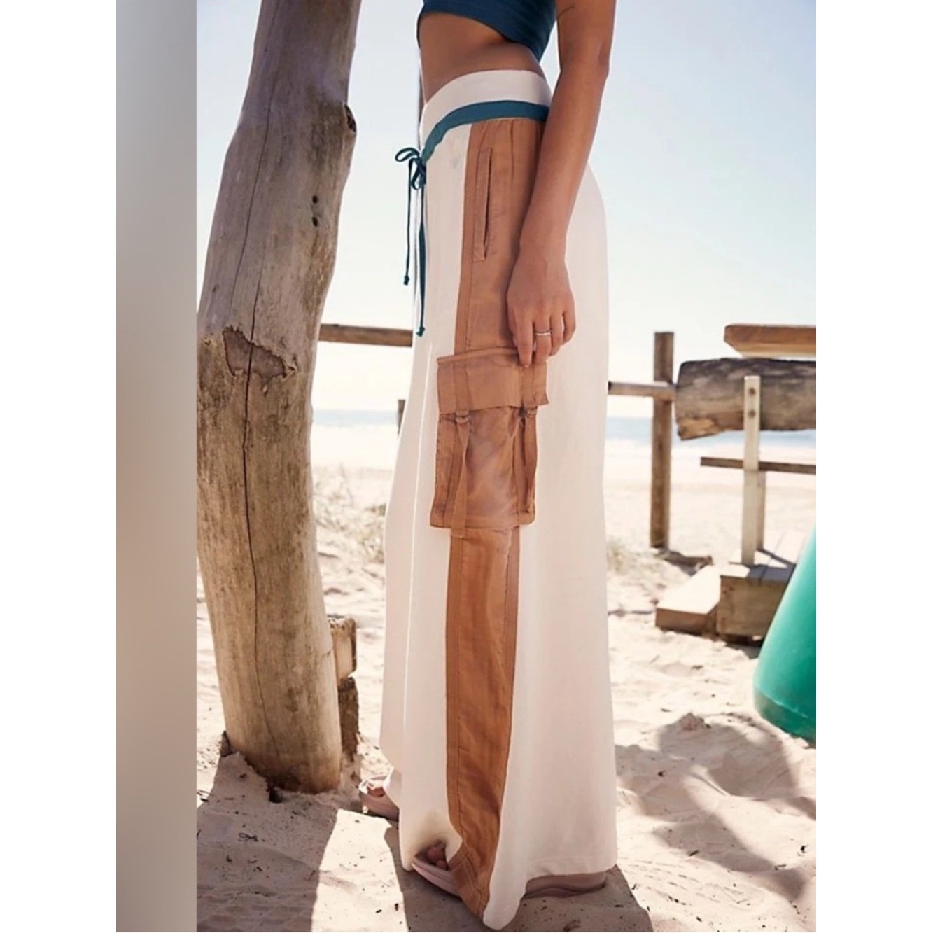 Free People FP Movement Playoff Colorblock Wide-Legs Pants Size Medium Ivory Tan