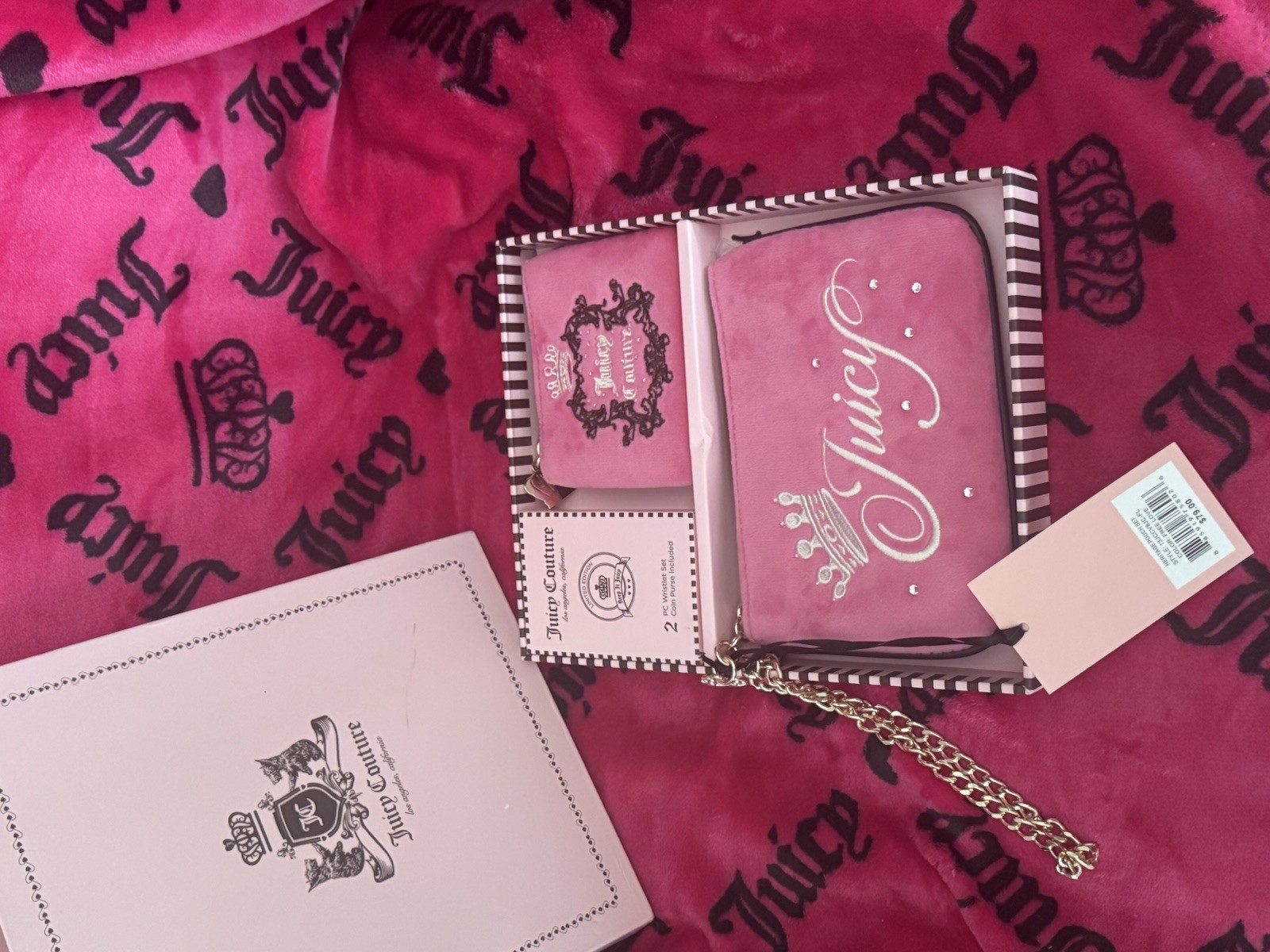 Juicy Couture Pink Zip-Around Wristlet Wallet, Chain Strap, Rhinestone Logo