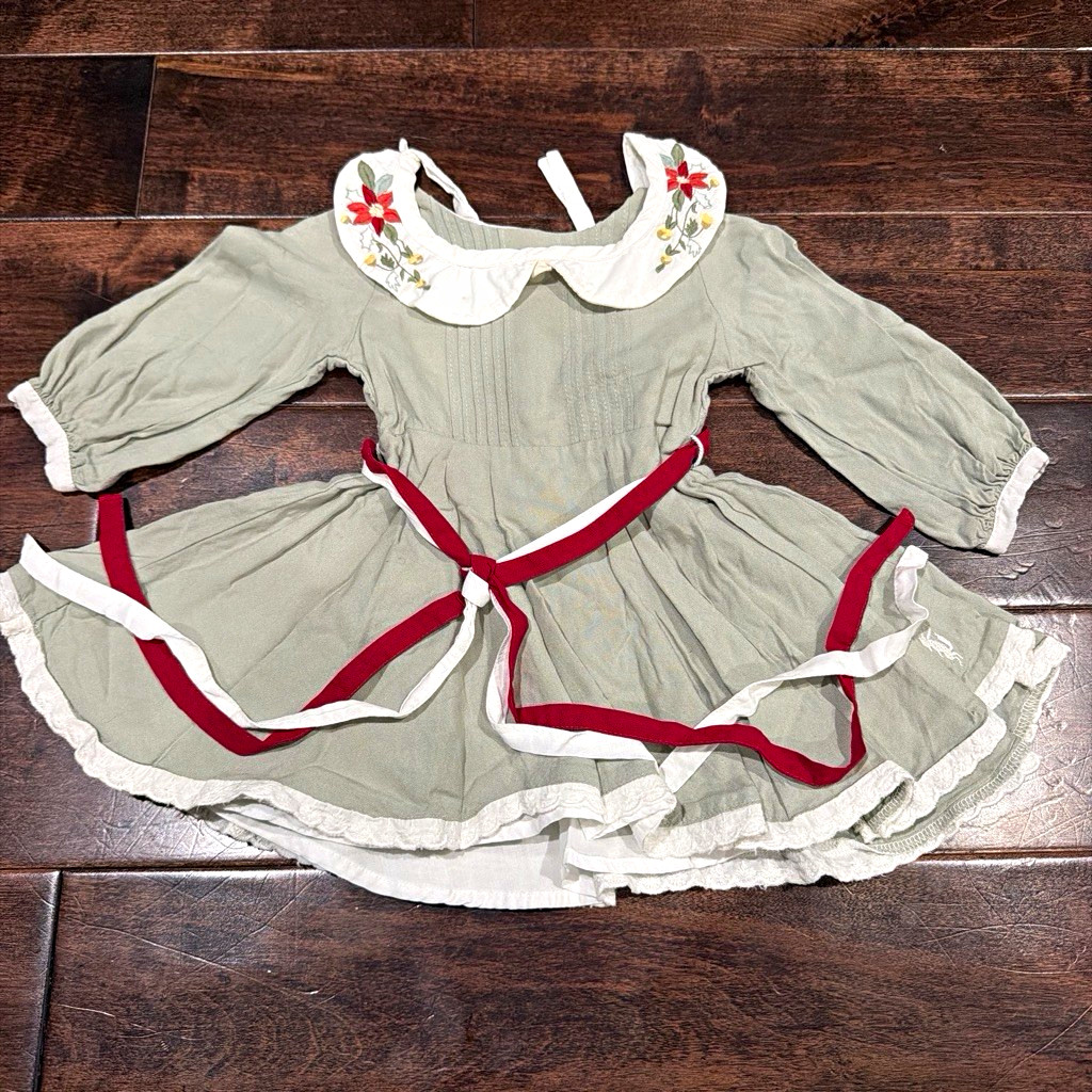 WD Wolf Girls 12M Gray Fit & Flare Floral Peter Pan Collar Ribbon Lined