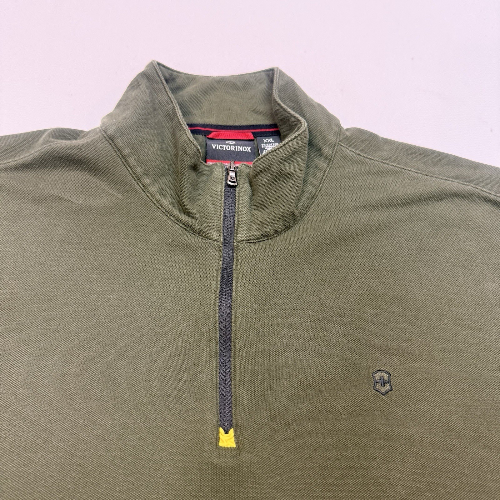 Victorinox 1/4 Zip Pullover Mens 2XL Green Tailored Fit Stretch Zip Pocket EUC
