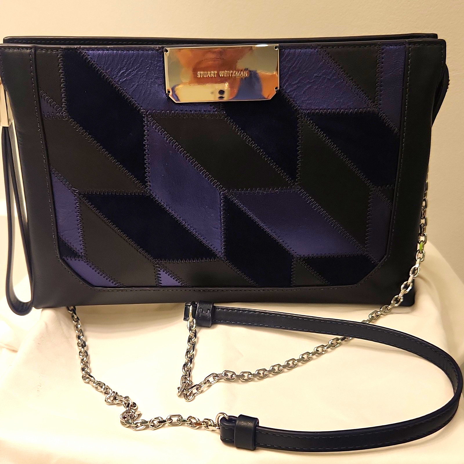 Stuart Weitzman Black/Blue Geometric Quilted Crossbody Zip Chain Strap Dust Bag
