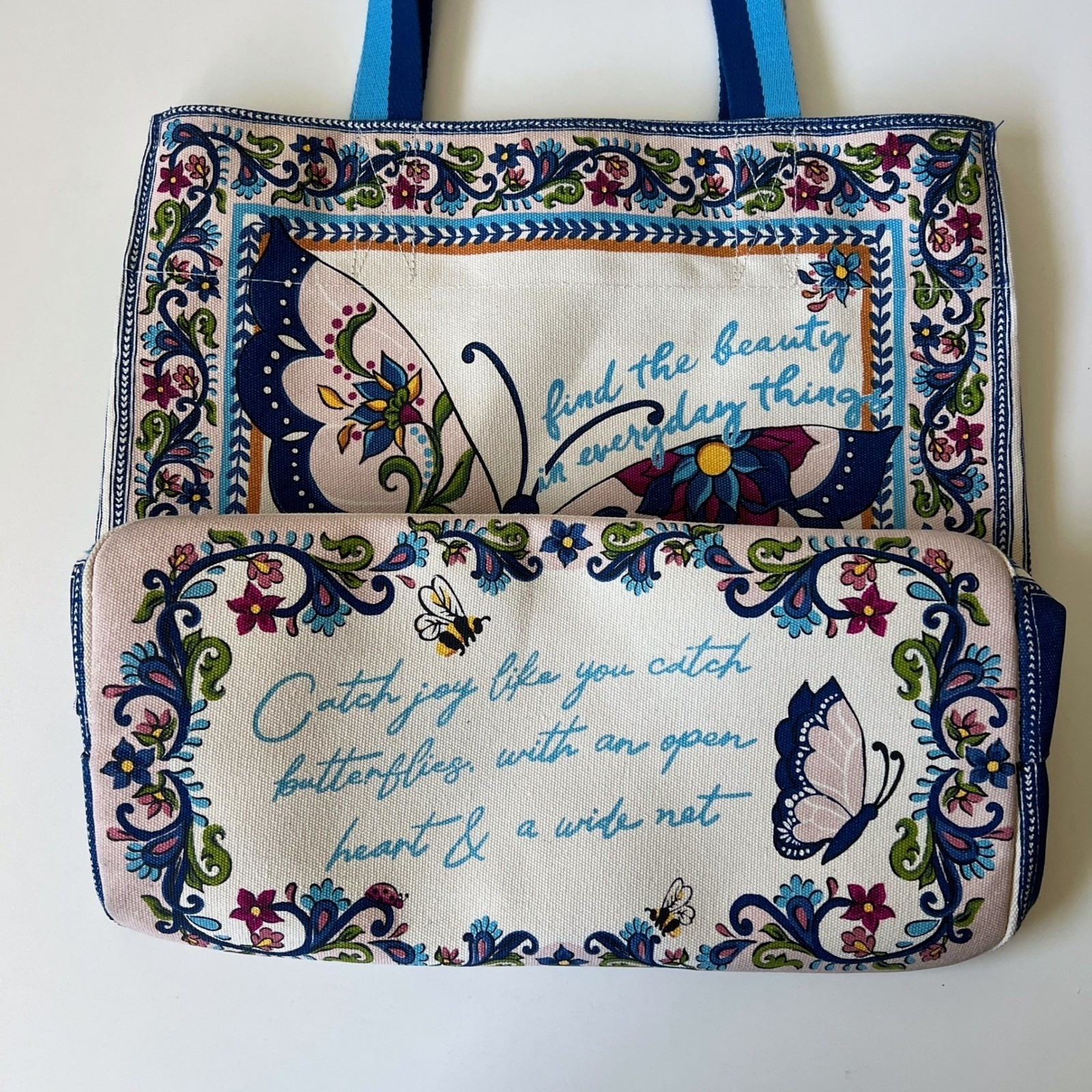 Brighton Butterfly Floral Canvas Tote Bag Blue Pink Large Shoulder Bag
