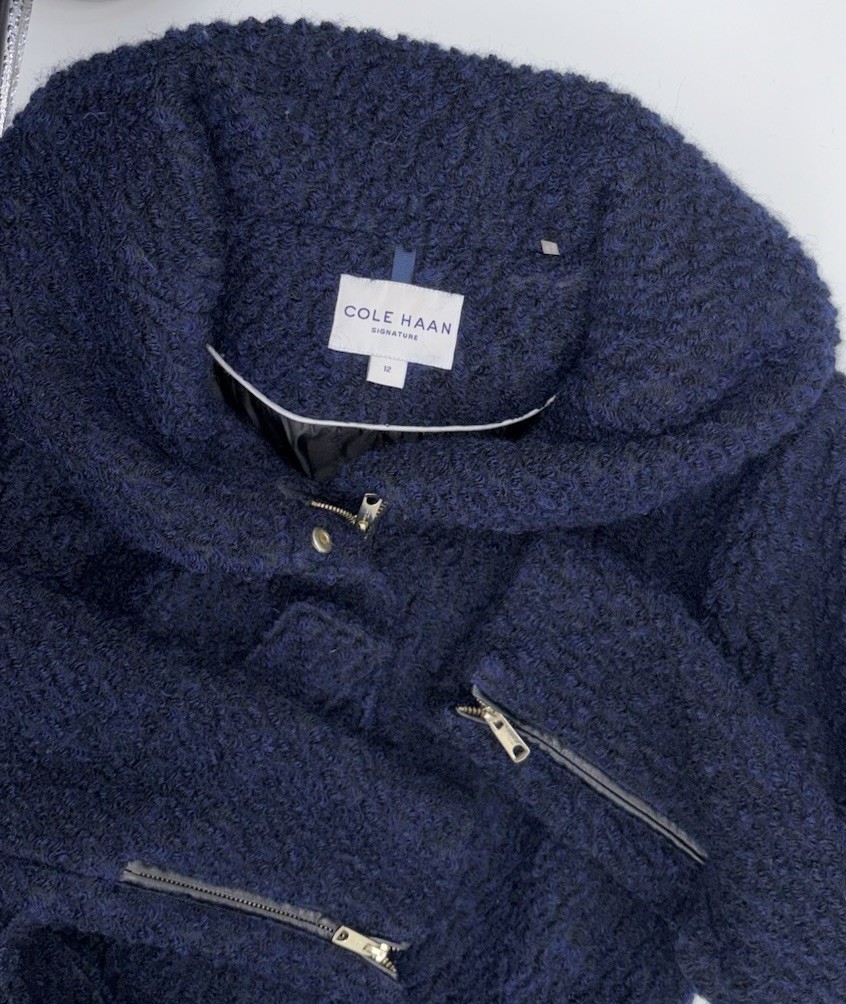 Cole Haan Hooded Textured Belted Walker Coat Wool Blend Zip Preppy 12 Navy Blue