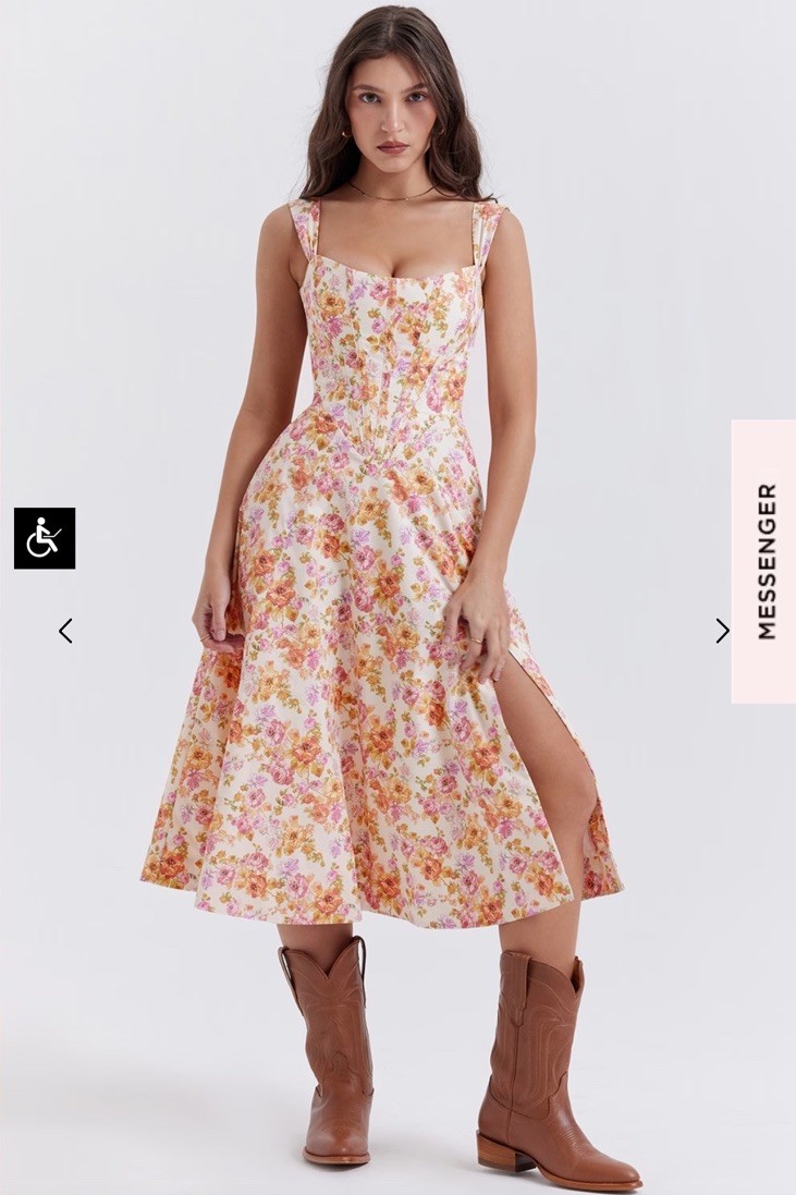 HOUSE OF CB Saira XS Floral Midi A-Line Dress Square Neck Lace-Up Back Slit