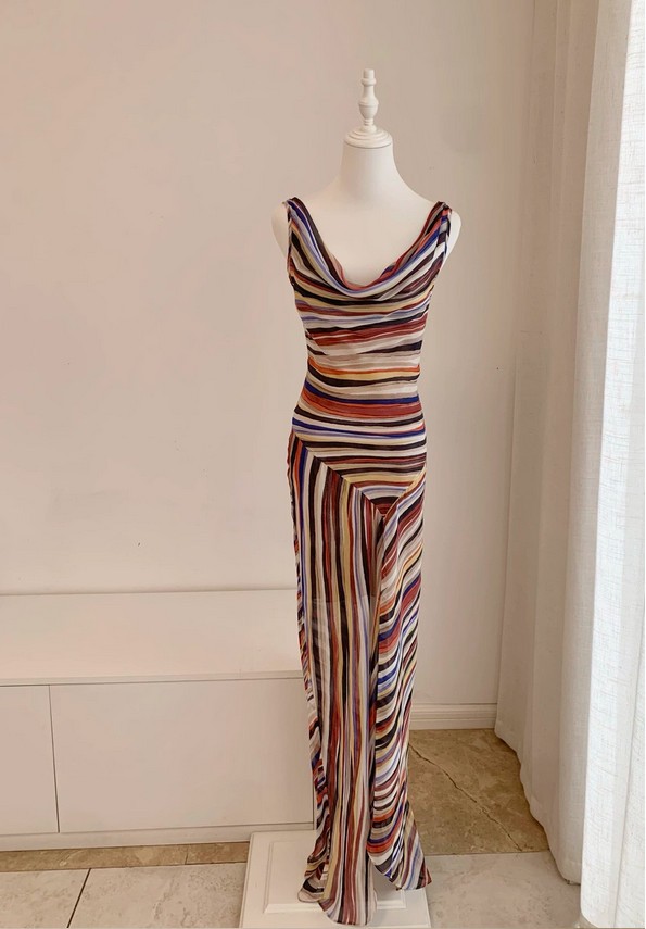 NEW 100% Mulberry Silk Striped Maxi Dress Women’s V Neck Asymmetrical Sundress